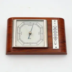 Elegant og dekorativ teak Art Deco vejrstation med barometer og termometer