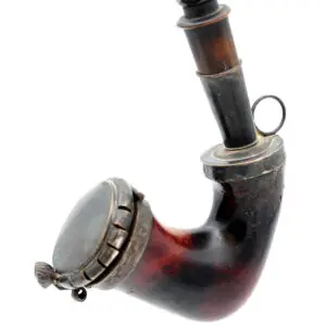 Oldefars danske alpepibe ca. 1900 med fletskaft og pibehoved i sølv (formodentlig)