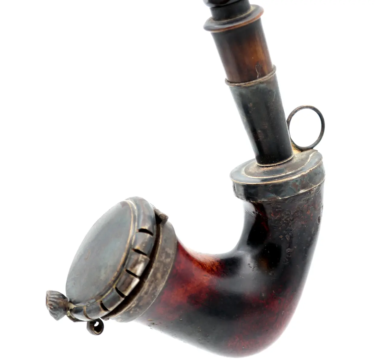 Oldefars danske alpepibe ca. 1900 med fletskaft og pibehoved i sølv (formodentlig)