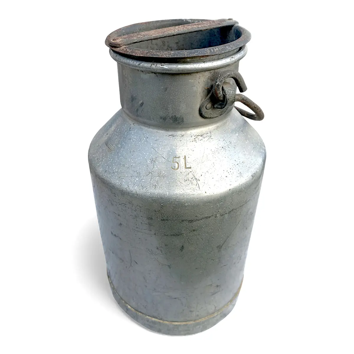 Gammel 5 liters mælkejunge i aluminium med original bøjlehank og smuk brugspatina.