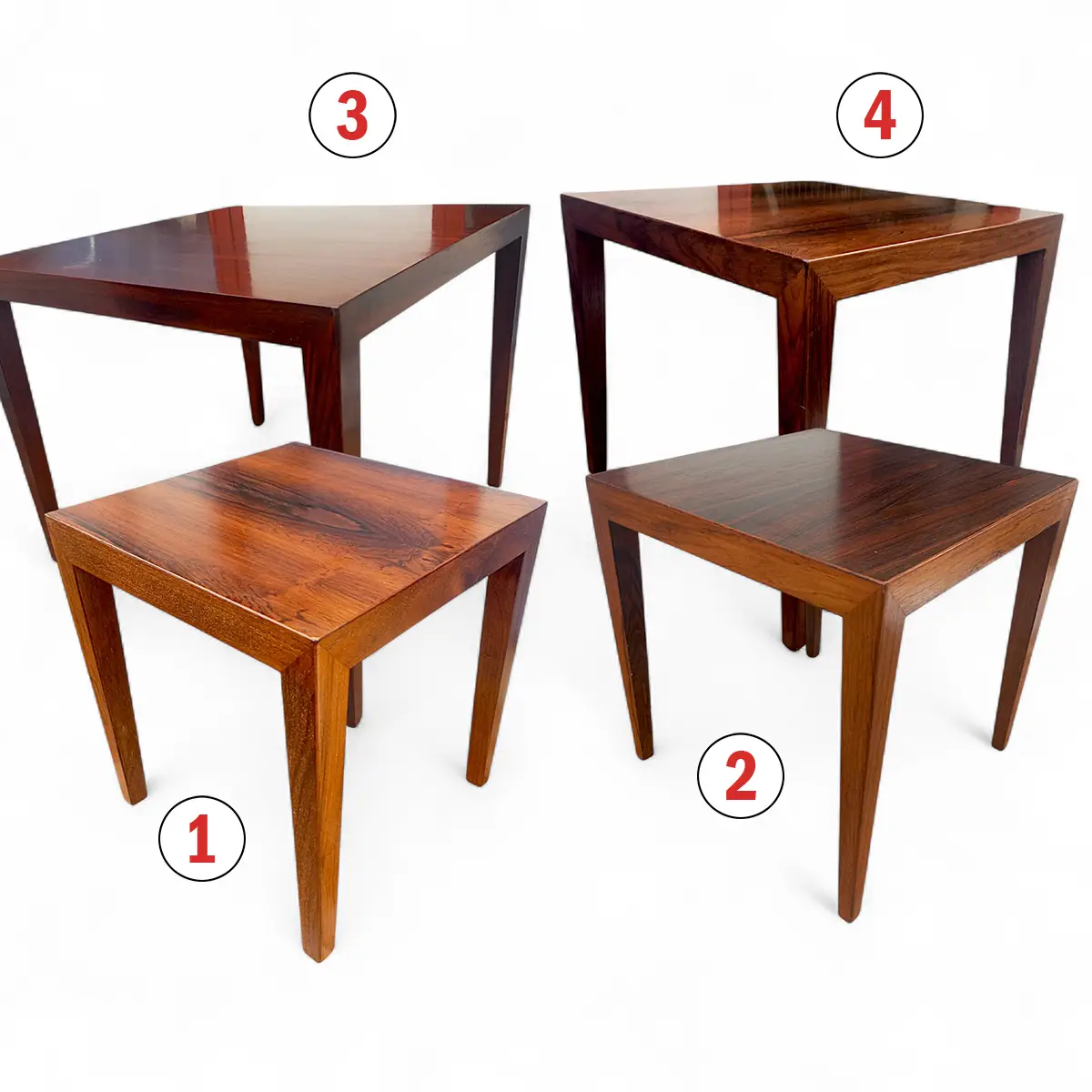 Elegant serie af kvadratiske palisanderborde, designet af Severin Hansen Jr. for Haslev Møbelfabrik i 1950’erne