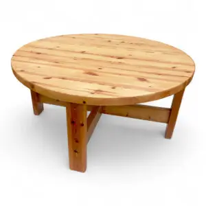 Rundt sofabord i massivt olieret fyrretræ med krydssprosse, dansk design fra 1970’erne.