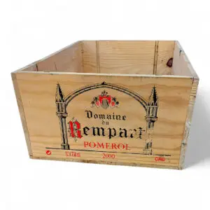 Vintage vinkasse i træ fra Domaine du Rempart Pomerol 2000 – original fransk 12-flaskers vintrækasse med patina.
