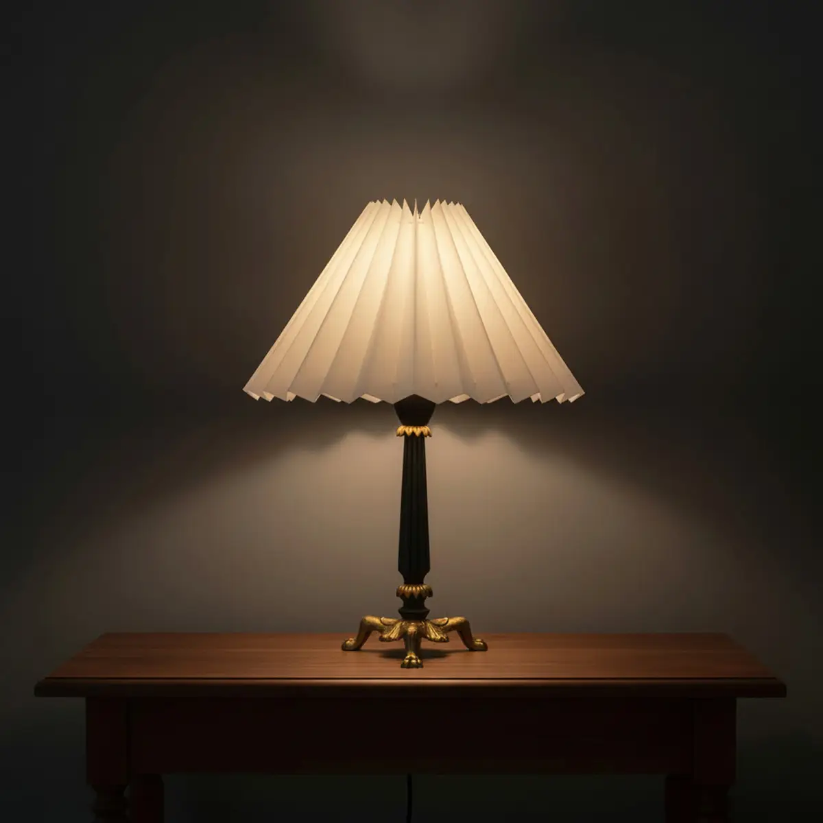 Sort og lureforgyldt bordlampe med trebenet fod, ca. 1940–60.